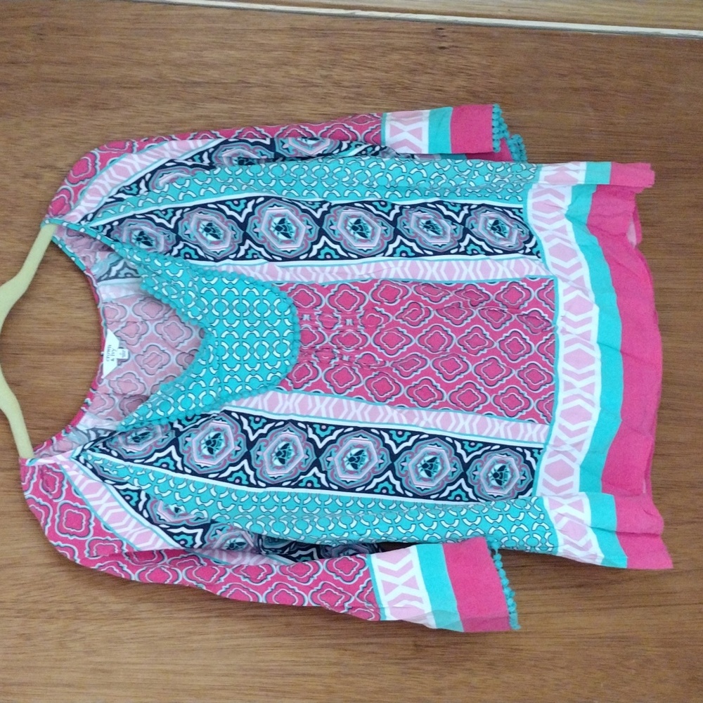 CROWN & IVY  Teal pink Pompom Blouse, Size S